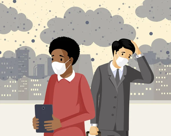 Ludzie wdychający smog płaski wektor ilustracji. Emisje przemysłowe, negatywny wpływ CO2 na zdrowie, zanieczyszczone miasto odpadami gazu. Smutni ludzie cierpiący na toksyczne zanieczyszczenia, mający problemy z oddychaniem — Wektor stockowy