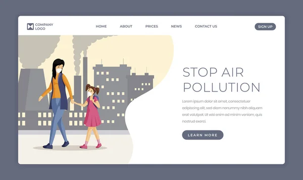 Stop air pollution landing page template. Protection against smog, industrial emission and urban dust one page website flat vector design. People in masks cartoon illustration for webpage — Stock Vector