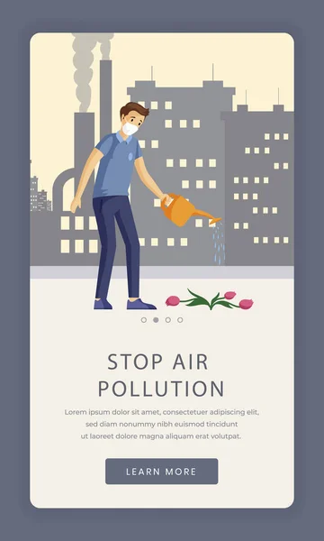 Šablona obrazovky aplikace pro znečištění ovzduší. Ochrana životního prostředí, ochrana přírody, zastavení průmyslové kontaminace mobilní přistávací stránky. Mobilní telefon webové stránky s mužem zalévání květinový kreslený znak — Stockový vektor