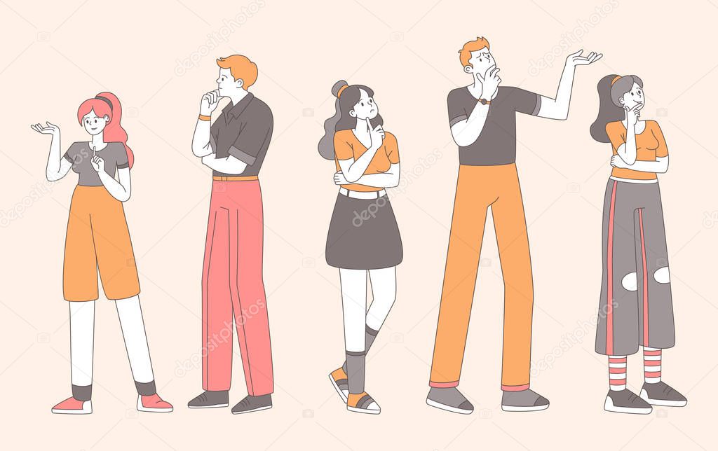 Stylish people in doubt flat illustration. Pretty girls, guys making decision with uncertain facial expressions and gestures contour isolated characters. Puzzled, pensive men and women thinking