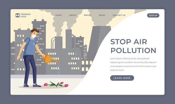 Saving nature flat landing page template. Stop air pollution, decrease industrial emissions one page website design. Man watering flower in polluted city cartoon character with text space — Stock Vector