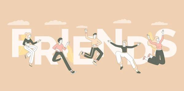 Friends word concept banner template. Togetherness and community concept, friendship day celebration poster design. Joyful young people, cheerful men and women jumping in air vector illustration — Stock Vector