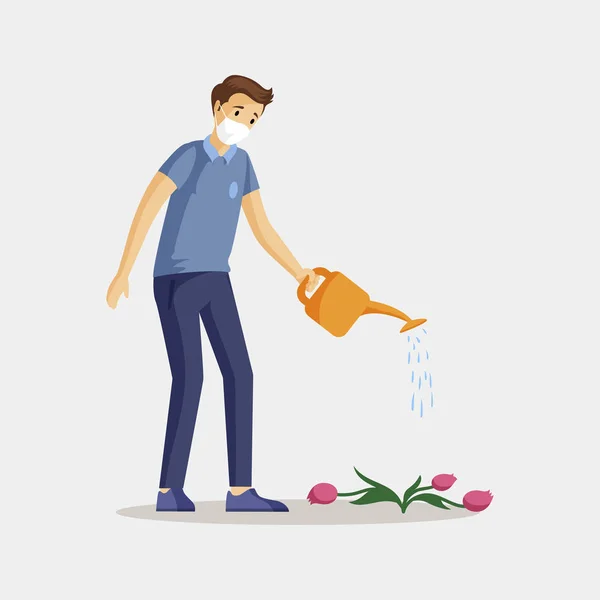Mann wässert Pflanze flache Farbe Illustration. Kaukasischer junger Kerl in Schutzmaske, der Blumen rettet und sich um die isolierte Cartoonfigur der Natur kümmert. Umweltschutz, Luftverschmutzung — Stockvektor