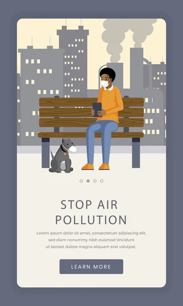 Air pollution prevention app screen template. Stop industrial smog and gas waste contamination onboarding smartphone website design. Factory emissions negative influence mobile landing page with — Stock Vector