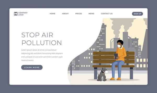 Air pollution problem landing page template. Industrial emissions, gas waste contamination one page website flat design. Man and dog in protective mask cartoon character inhaling smog and dust — Stock Vector