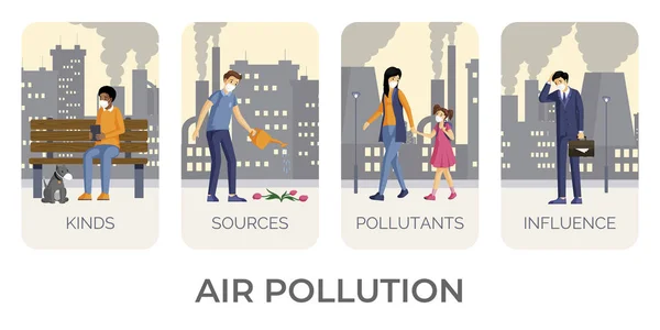 Conjunto de ilustraciones a color plano de contaminación del aire. La contaminación del medio ambiente con contaminantes, dióxido de carbono, emisiones industriales conceptos de influencia negativa. Personas con máscaras, protección contra el polvo — Vector de stock