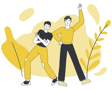 Two happy smiling friends in a welcoming pose vector cartoon illustration.