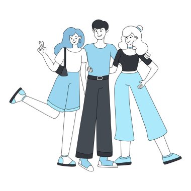 Boy and two girls, three best friends hugging vector cartoon illustration.