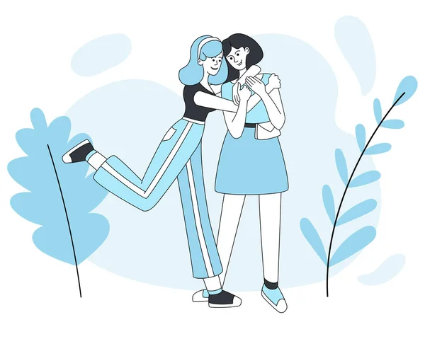 Deux filles souriantes embrassant illustration vectorielle de dessin animé . — Image vectorielle
