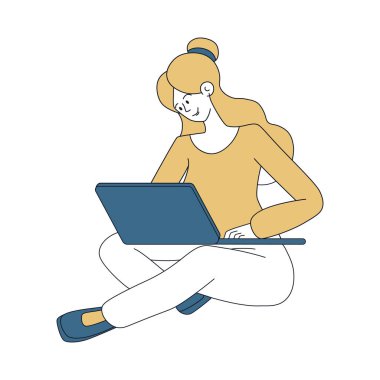 Woman using laptop contour color illustration. Pretty girl sitting in lotus position with notebook, typing message, freelancer isolated cartoon character. Young lady chatting, working at home