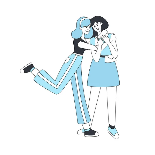 Dvě objímající dívky vektorové kreslené ilustrace. Přátelství žen, usmívající se mladí lidé — Stockový vektor