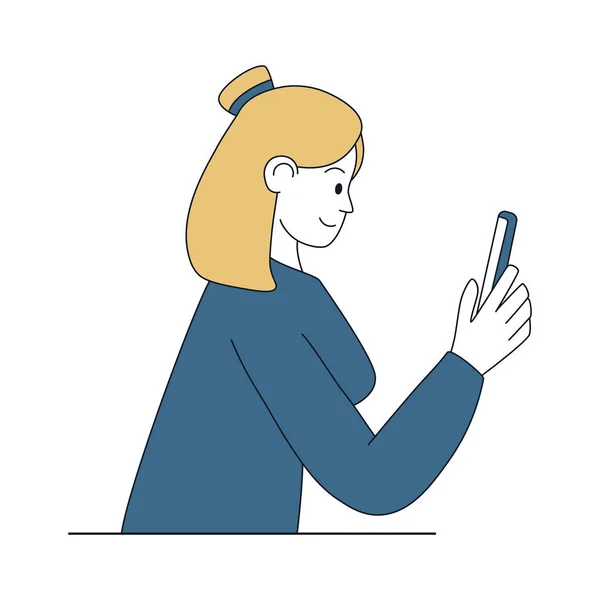 Woman holding smartphone linear color illustration. Adult lady looking at mobile phone display, typing message contour cartoon character. Isolated pretty girl chatting, communication via telephone — 스톡 벡터