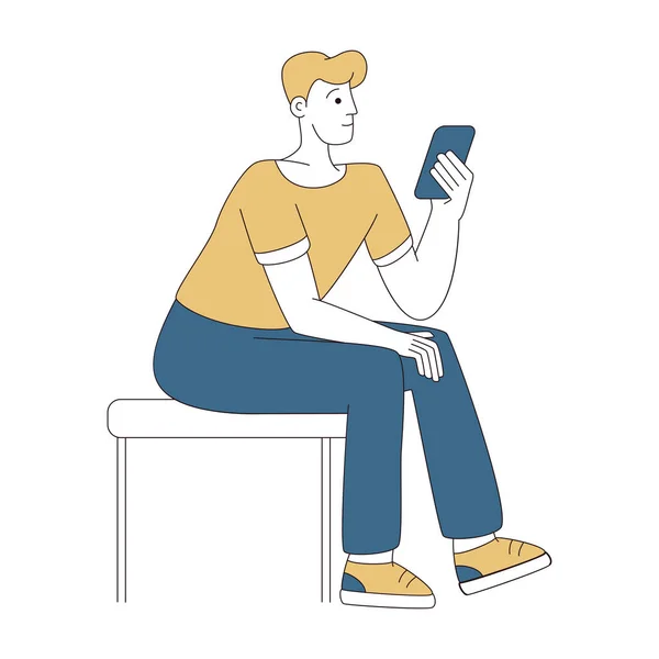 Mladý muž s lineární ilustrací smartphonu. Zmatený chlap držící telefon v ruce izolované kreslené postavičky izolované na bílém. Dospělé zprávy, psaní Sms, komunikace přes mobilní telefon — Stockový vektor