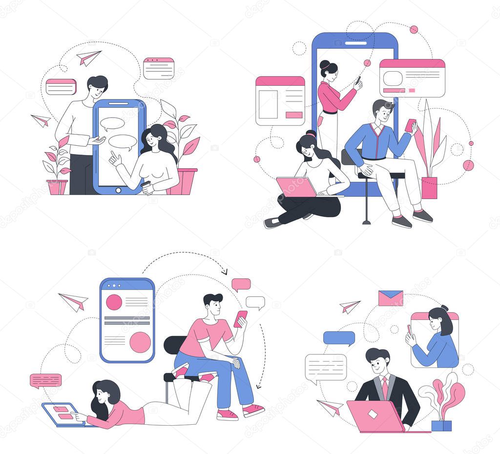 Online chatting outline concept illustrations set. Social media modern communication, internet forum, messaging and sharing. People typing messages, networking lineart characters