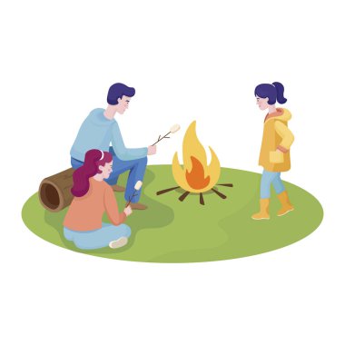 Happy mother, father and daughter spending time together at summer picnic vector flat illustration.