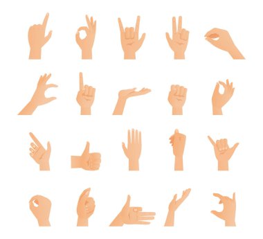Set of hands in different gestures stop, thumbs up, finger pointer, ok, like and others.