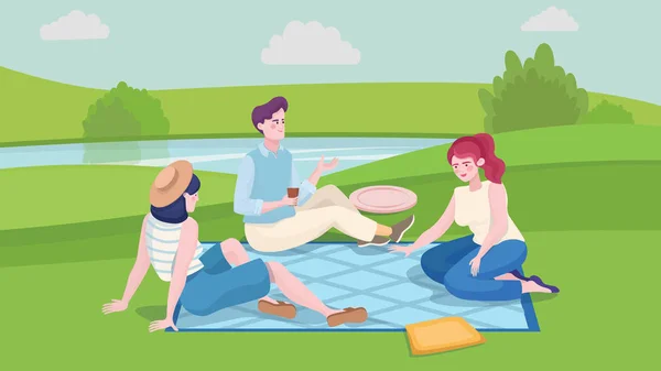 Young man and two girls spending time together at summer picnic vector flat illustration. — Stock vektor