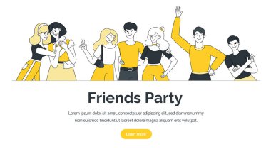 Friends party, smiling boys and girls, hugging, standing in welcoming pose landing page vector template.