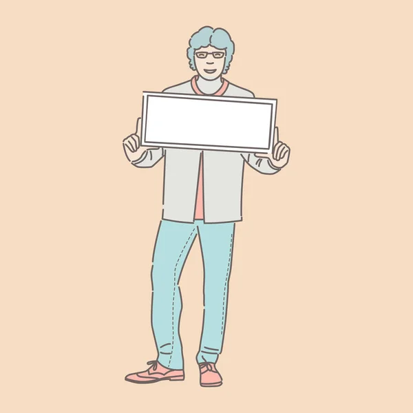 Uśmiechnięty młodzieniec w luźnych ubraniach trzymający plakietkę wektor ilustracji. — Wektor stockowy