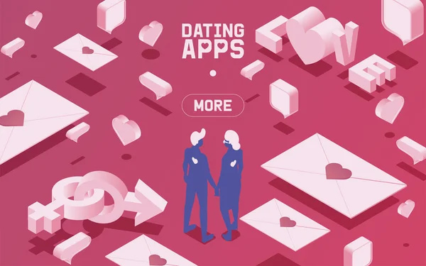 Vector ilustração isométrica de namoro modelo de site aplicativo com casal apaixonado . —  Vetores de Stock