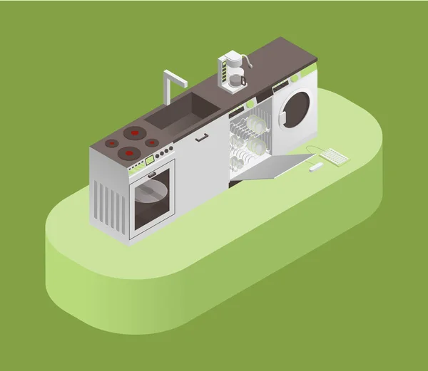 Kitchen equipment and household appliances vector isometric illustration. — 图库矢量图片
