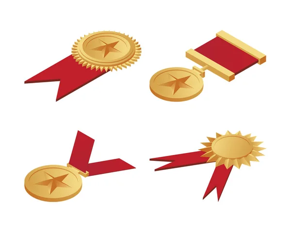 Medallas de oro con estrellas y cintas rojas ilustración isométrica aislada sobre un fondo blanco . — Archivo Imágenes Vectoriales