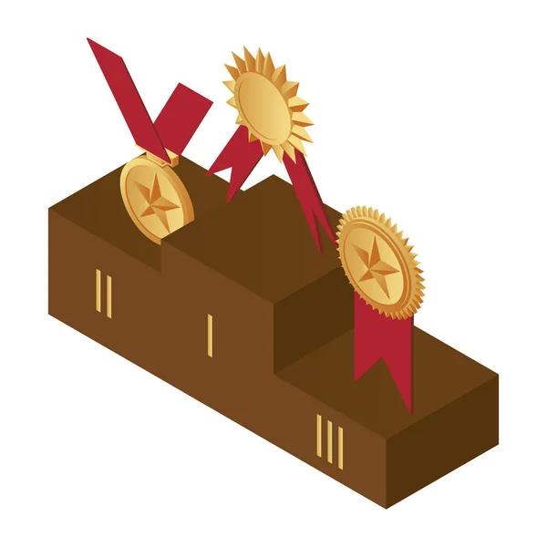 Golden medals on the podium, first, second and third place vector illustration. — ストックベクタ