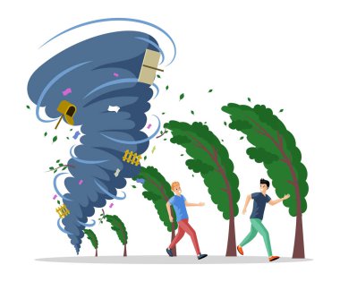 Frightened men running from hurricane vector flat illustration. Natural disaster, twisting tornado or storm.