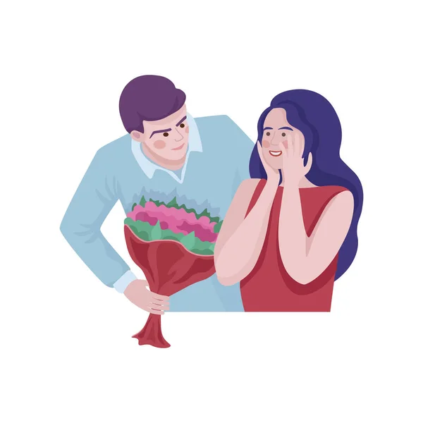 Uomo dando mazzo di fiori a ragazza vettoriale illustrazione. Compleanno, Festa internazionale della donna, San Valentino flat concept . — Vettoriale Stock