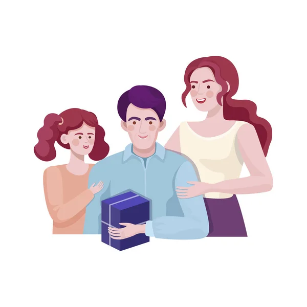 Mother and daughter giving gift to father. Happy birthday, fathers day. — Stock vektor