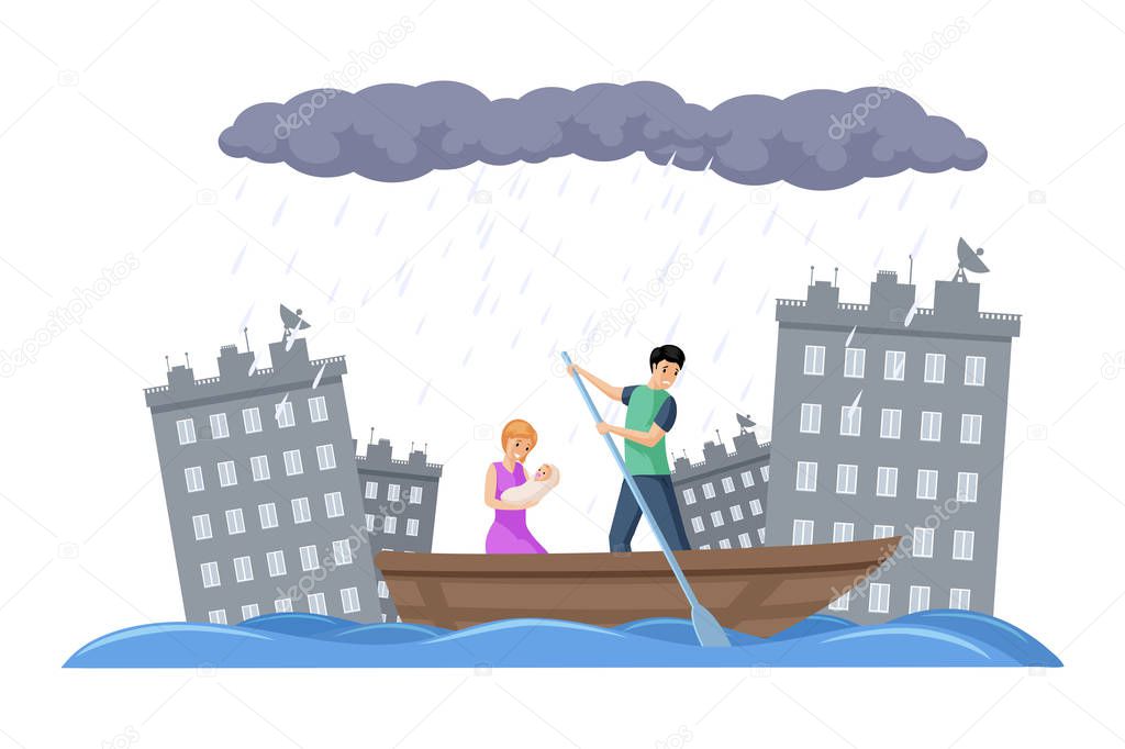 Family escapes on a boat from the flood in a city vector flat illustration. Evacuation during the storm.