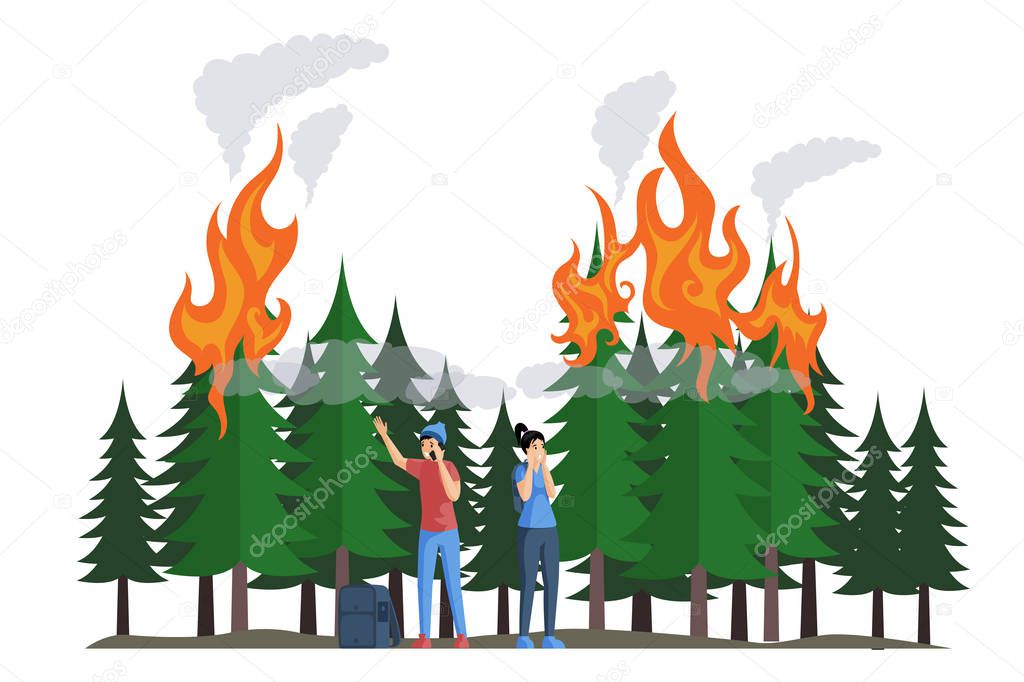 Frightened campers during a fire in forest flat vector illustration. Natural disaster, burning forest.