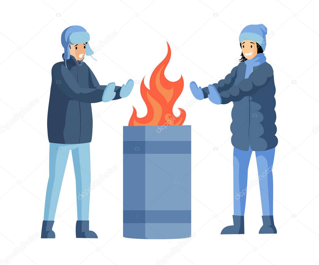 Frozen girl and boy warming his hands next to garbage barrel.