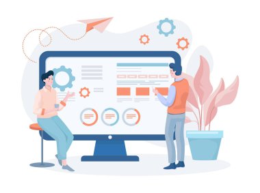 Web sitesi ya da mobil uygulama vektörü çizimi geliştiren erkekler. Uygulamalar inşa eden insanlar.