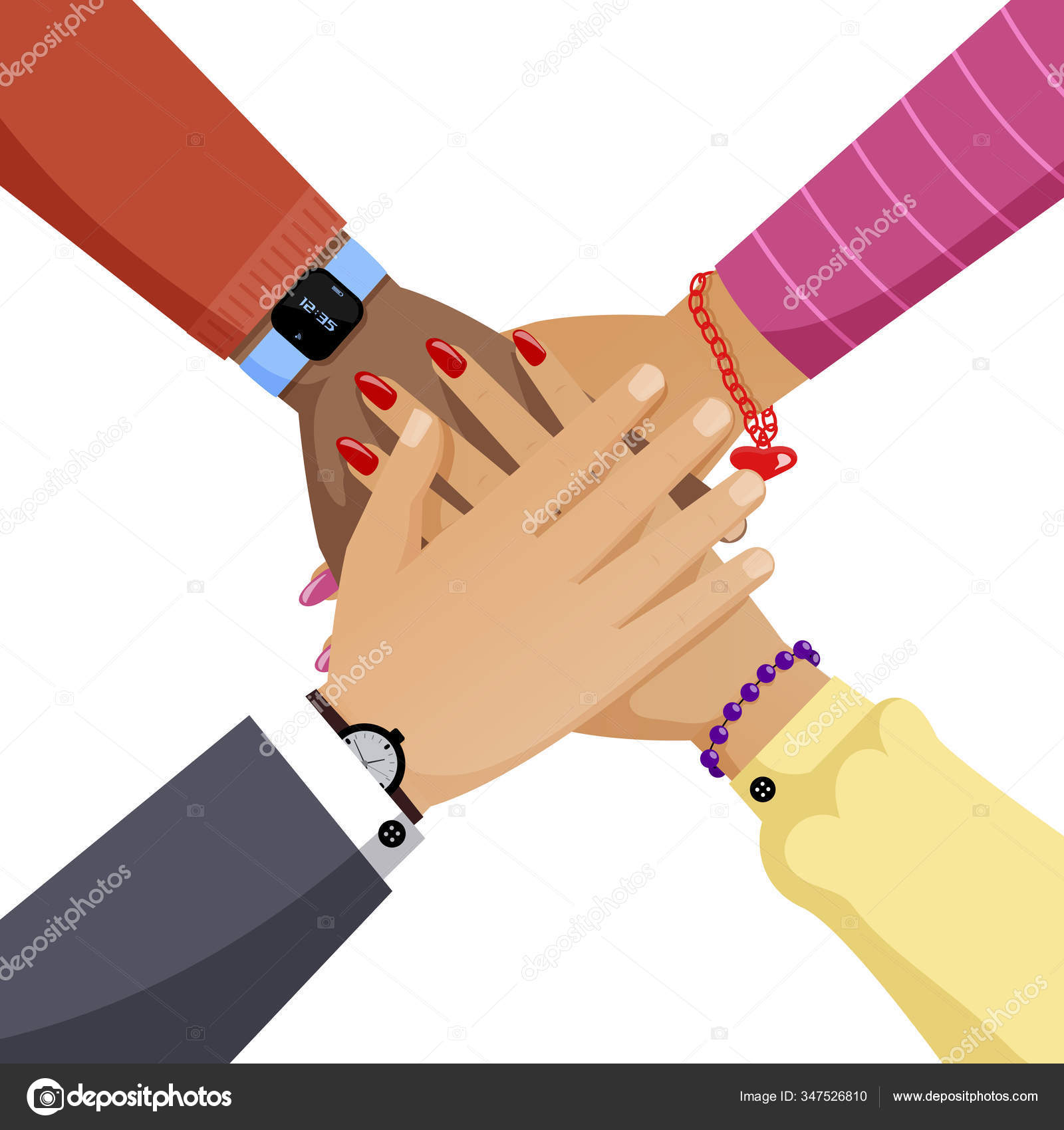 Group of people hands together flat vector illustration. Cooperation,  partnership, teamwork cartoon concept. Stock Vector by ©plahotya 347526810