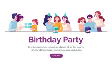 Birthday party vector banner template. Happy people giving presents to each other.