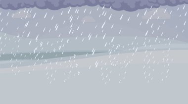 Heavy rain and dark clouds vector flat illustration. Rainy season, flood, bad weather concept.