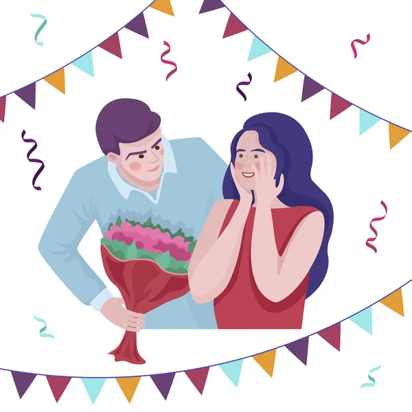 Feliz día de San Valentín o concepto de tarjeta de cumpleaños feliz. Amor, relación plana vector ilustración . — Archivo Imágenes Vectoriales