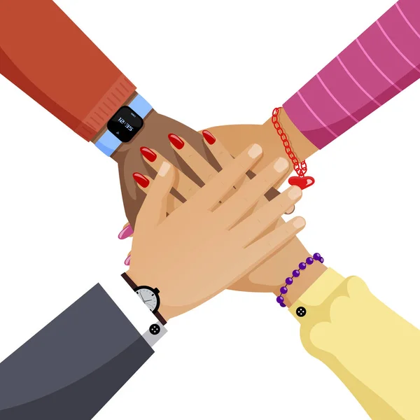 Group of people hands together flat vector illustration. Cooperation, partnership, teamwork cartoon concept. — 스톡 벡터
