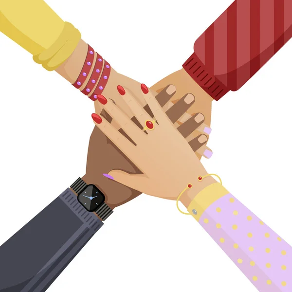 People hands putting on each other. Teamwork, social community, cooperation cartoon concept. — Stockvektor
