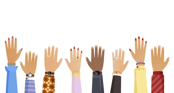 Different people hands rising up vector illustration. Teamwork, election, voting or education concept. — Stockvector