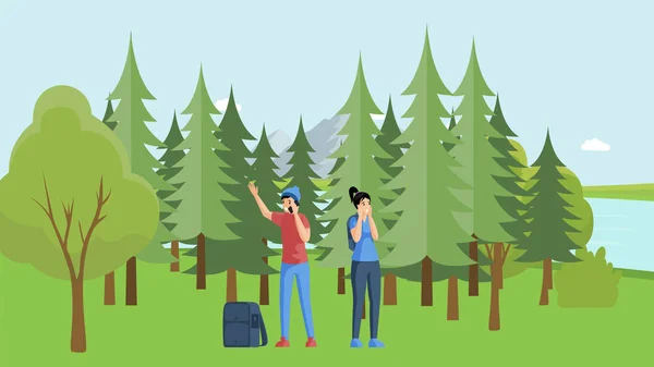 Young campers lost in the forest. People unknowing direction vector flat illustration. — Stockový vektor