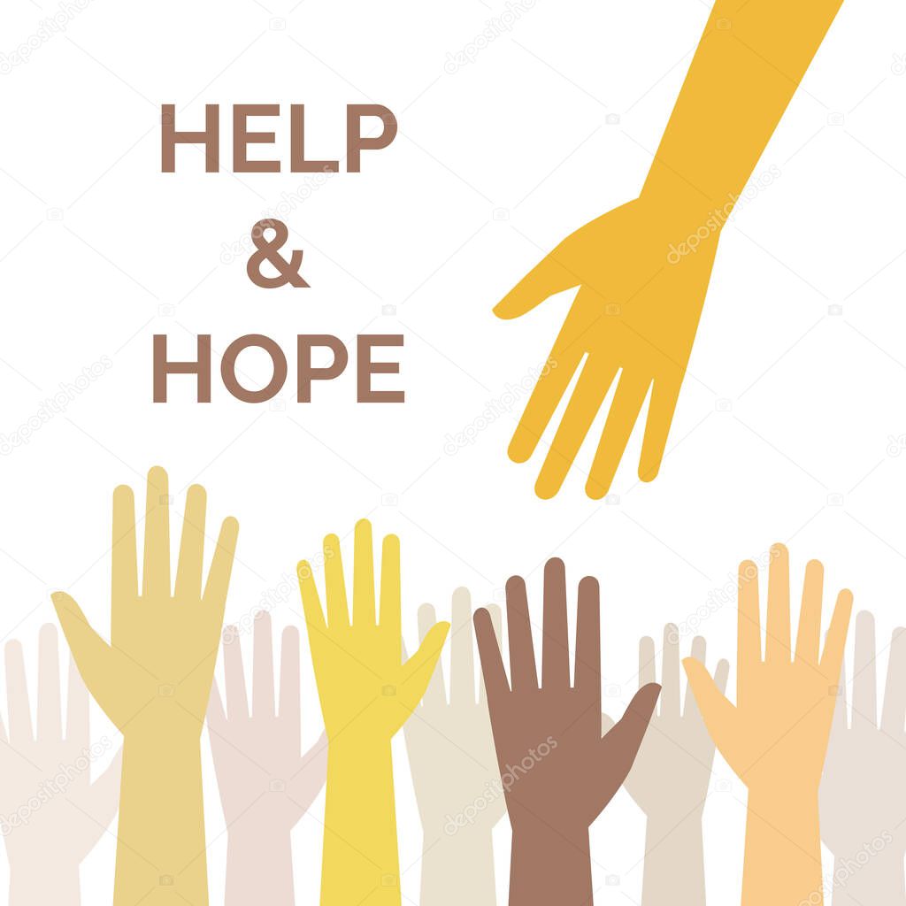 Help and hope vector banner template. Helping hand, support and togetherness concept.