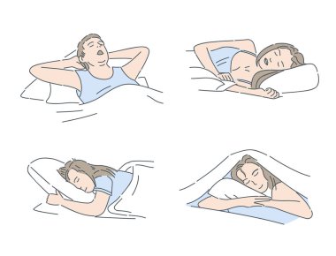 Man and women sleeping in bed vector cartoon illustration. Sleeping peacefully, relax and sweet dreams concept.