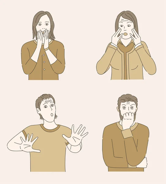 Scared women in panic, terrified men vector illustration. Mental health, psychology problem outline concept. — ストックベクタ