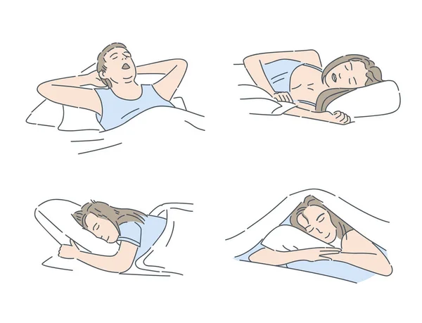 Hombre y mujeres que duermen en la cama vector ilustración de dibujos animados. Dormir en paz, relajarse y sueños dulces concepto . — Archivo Imágenes Vectoriales