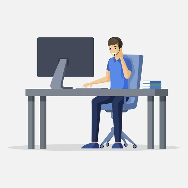 Man sitting at computer vector flat illustration. Support, freelance, virtual office or outsourcing character. — 스톡 벡터