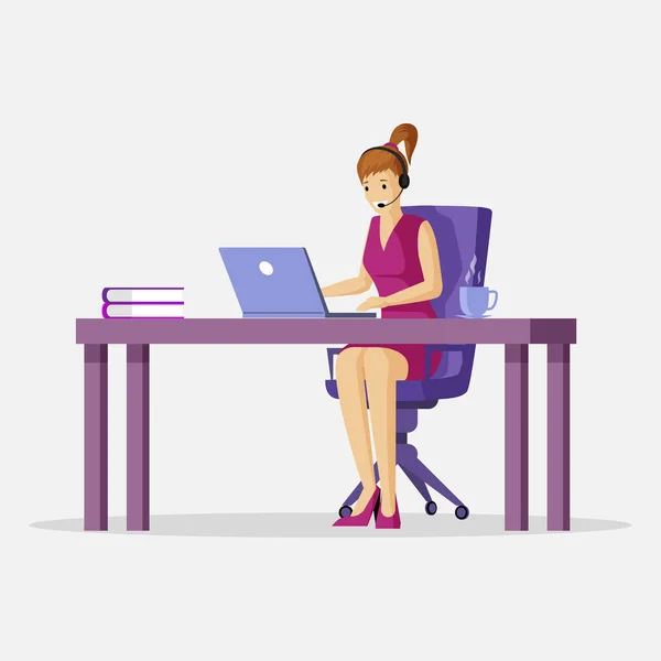 Woman working at laptop vector flat illustration. Support, freelance, virtual office cartoon concept. — Stockový vektor