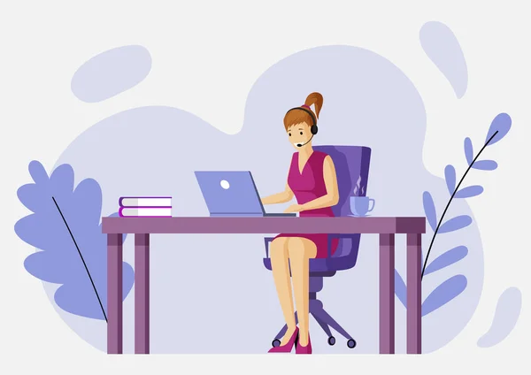 Woman at the laptop vector flat illustration. Office working, virtual office or outsourcing cartoon character. — Stockový vektor