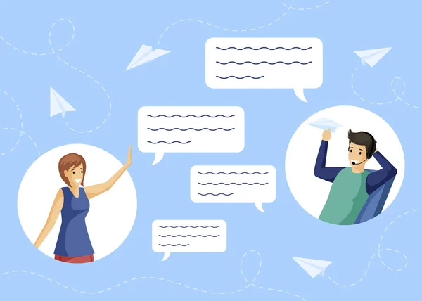 Boy and girl exchanging messages, chatting with speech bubbles vector flat illustration. — ストックベクタ